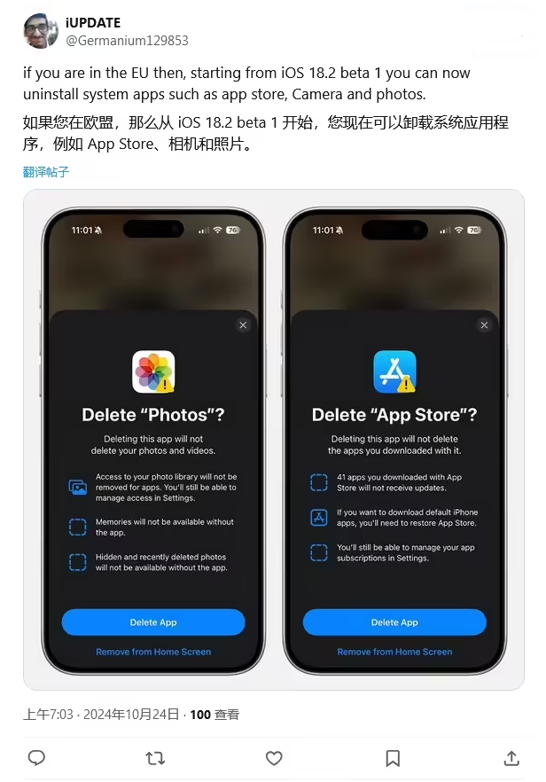 普陀苹果手机维修分享iOS 18.2 支持删除 App Store 应用商店 